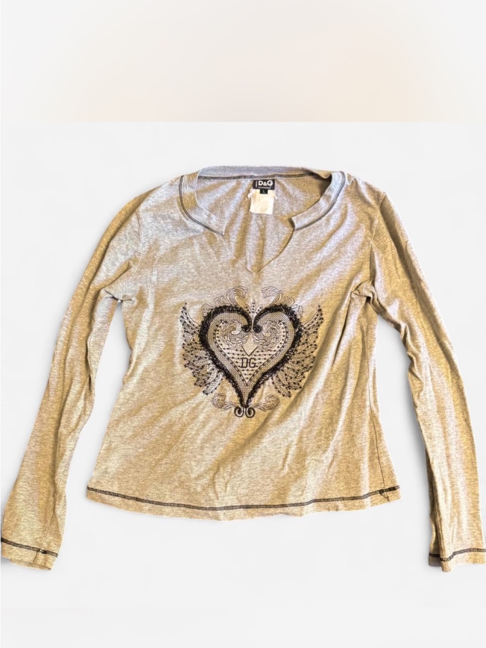 Dolce & Gabbana Grey Long Sleeve Heart Graphic Tee